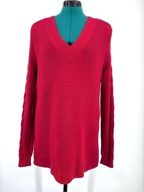 CAbi Standout Pullover #3714, Red Deep V-Neck Oversize Cotton Sweater, Small
